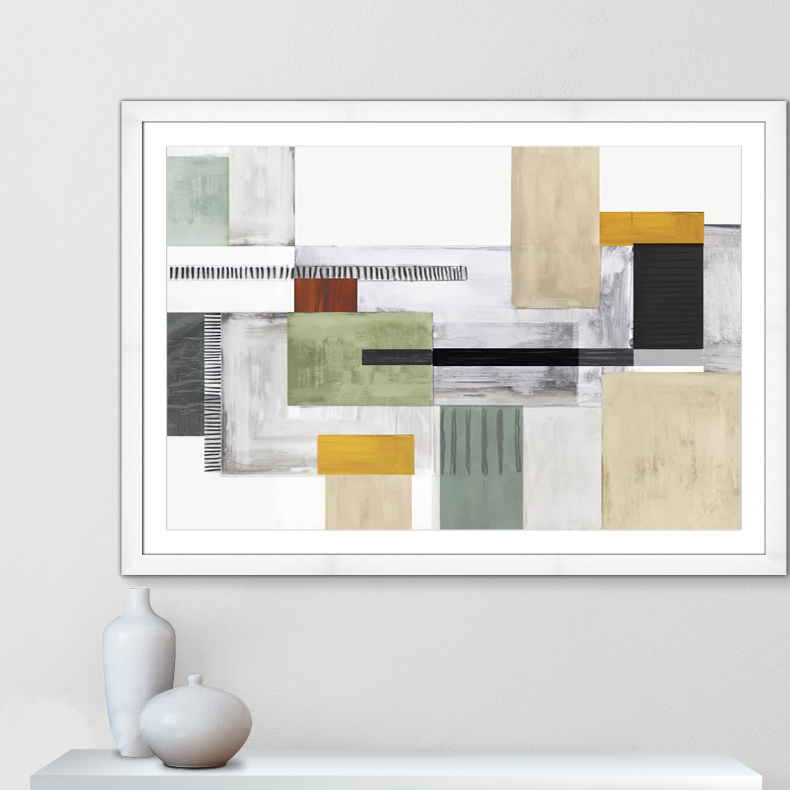 Playful Blocks Print by Tom Reeves, 35" H x 49" W x 1.25" D, White Cube Picture Framed, White