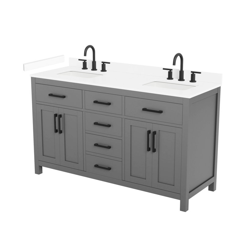 Meuble-lavabo double de 60 po Beckett, gris foncé, comptoir en marbre de culture blanc, lavabos carrés encastrés (3 trous), garniture noir mat