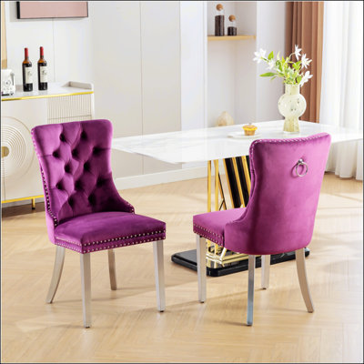 Chaise de salle à manger moderne haut de gamme en velours de bois massif touffeté avec pieds chromés, garniture cloutée, ensemble de 2