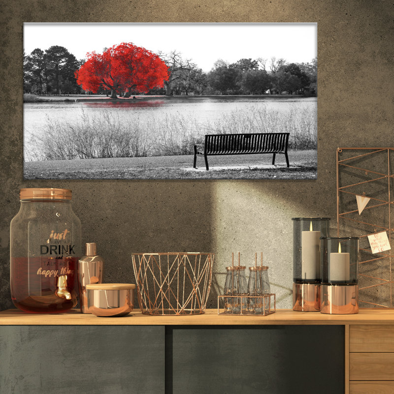 " Empty Bench Overlooking Red Tree ", 16" H x 32" W x 1" D