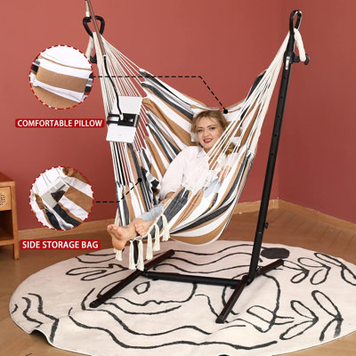 Chaise de hamac avec support Chaise de hamac double de style bohémien avec pampille Support de téléphone portable Balancelle de jardin intérieure et extérieure réglable manuellement avec tapis de sol Capacité d'inclinaison de 400 livres