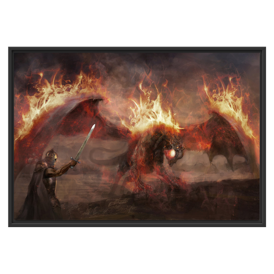 Gerahmtes Wandbild Ritter Drachen Feuer