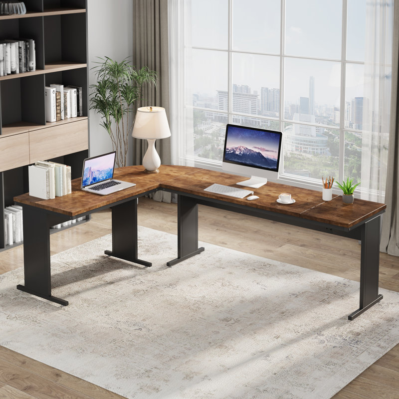 83" Modern L-Shaped Executive Desk With Reversible Design, Home Office Corner Workstation, Brown