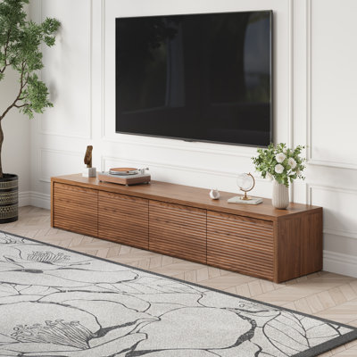 Meuble télé 78,74 po, texture bois naturel, console multimédia avec 4 tiroirs