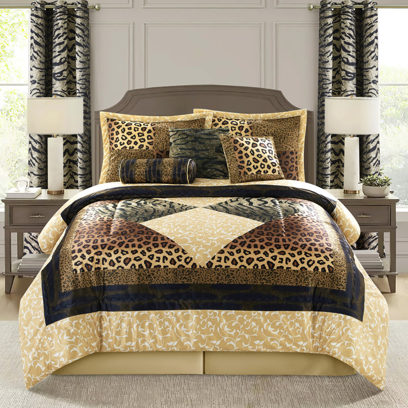 Queen Brown Gold Microfiber Safari Comforter Set with Curtains