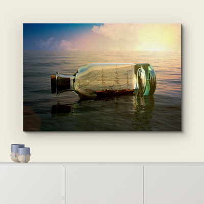 Coastal Beach " Pirate Ship in Glass Bottle in The Ocean Nature Landscape Photography Modern Art Rustic " Print