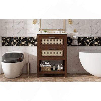 Meuble-lavabo de 24 po avec lavabo intégré en céramique, meuble-lavabo à 1 tiroir profond, 1 tiroir rabattable et meuble-lavabo simple pour petite et moyenne salle de bain