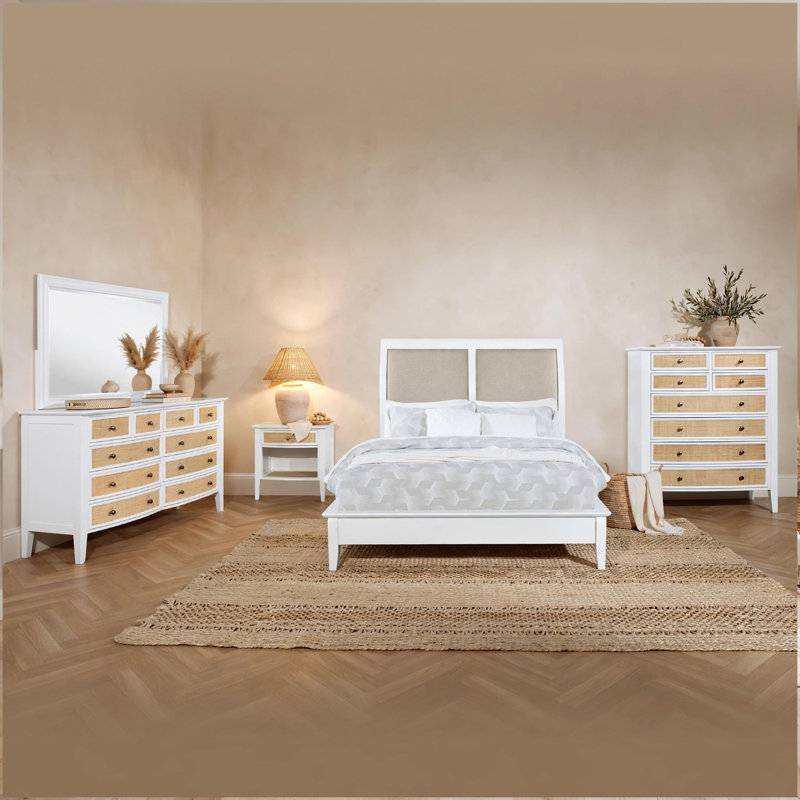 Ensemble de chambre pour grand lit 5 pièces Heo, tiroir tissé en rotin, tissu brun, blanc, Grand lit