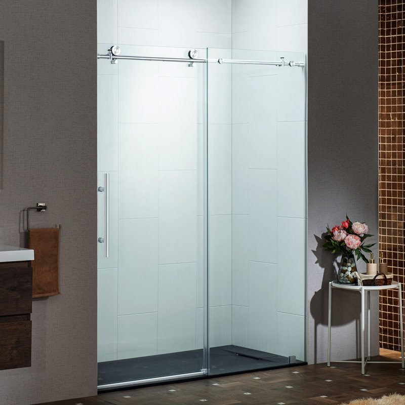 Portes de douche coulissantes simples sans cadre l 45,5 à 48 po x H 76 po avec verre trempé transparent de 3/8 po (10 mm), système de fermeture en douceur et film antidéflagrant