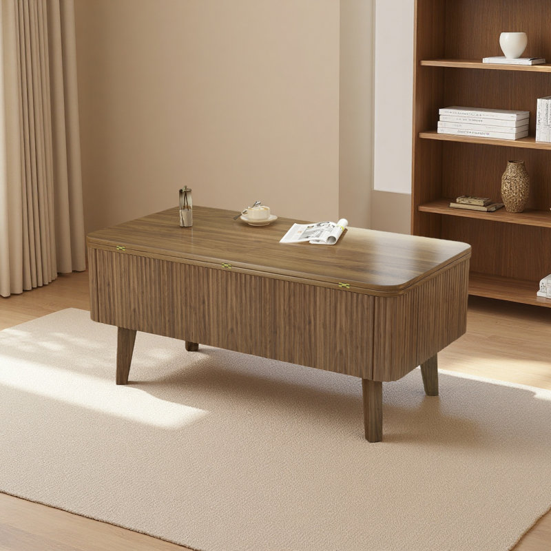 Table basse à plateau relevable 3 en 1, tables basses convertibles cannelées convertibles en tables de salle à manger, table de centre ovale moderne en bois avec rangement pour le petit bureau du salon