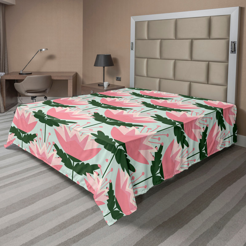 Ambesonne Flowers Flat Sheet Nostalgia Farmhouse, Pink Mint Green and Blush