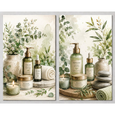Grand ensemble de 2 peintures murales botaniques sur toile, décor de spa eucalyptus vert avec bien-être essentiel pour salle de bain, impression sur toile 16 x 24 pouces - prête à être accrochée
