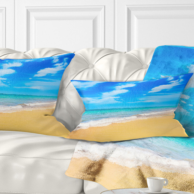 Coussin Blue Sandy Tropical Sea Beach - Sea & Shore, Rectangle, 12 po x 20 po
