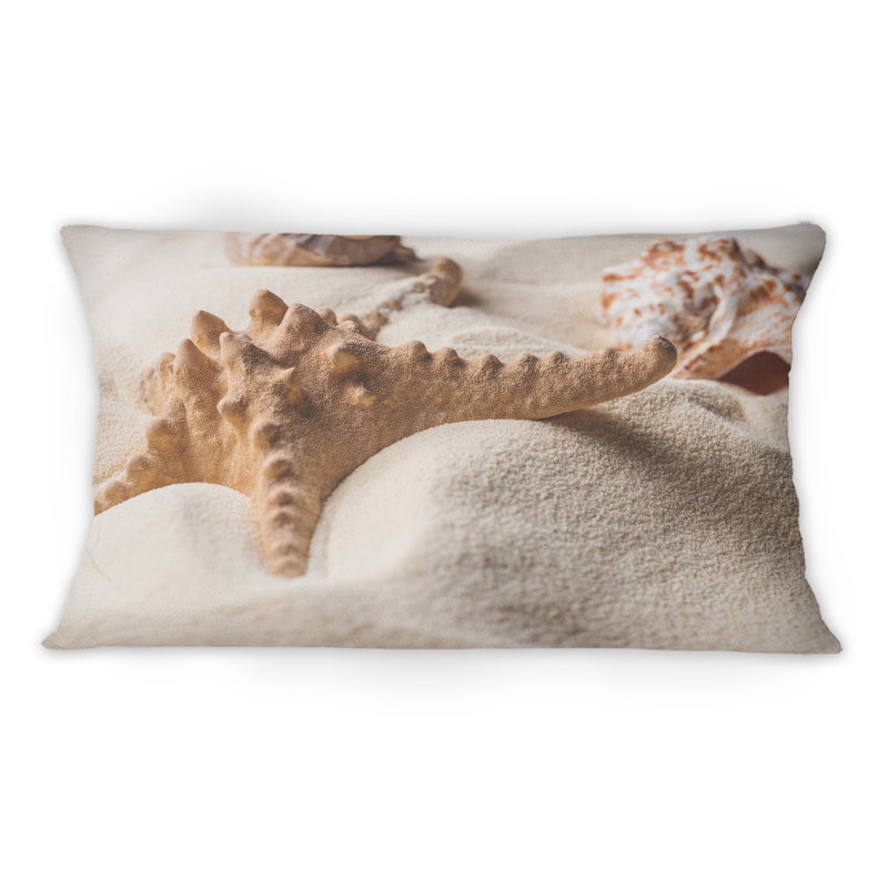 Starfish And Seashell On Light Sand -1 Nautical & Coastal Printed Throw Pillow
