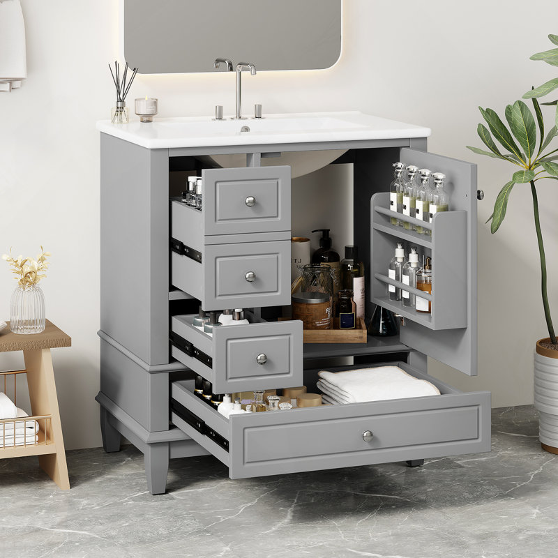 Meuble-lavabo 30 po avec lavabo, une porte avec tablette et trois tiroirs, porte à fermeture douce, gris, Gris