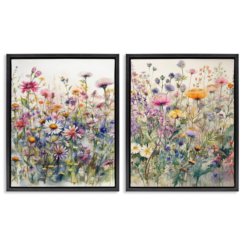 «Watercolor Daisy & Aster Field», ensemble de 2 toiles flottantes encadrées dorées par Ryley Gray, H 21 po x l 17 po