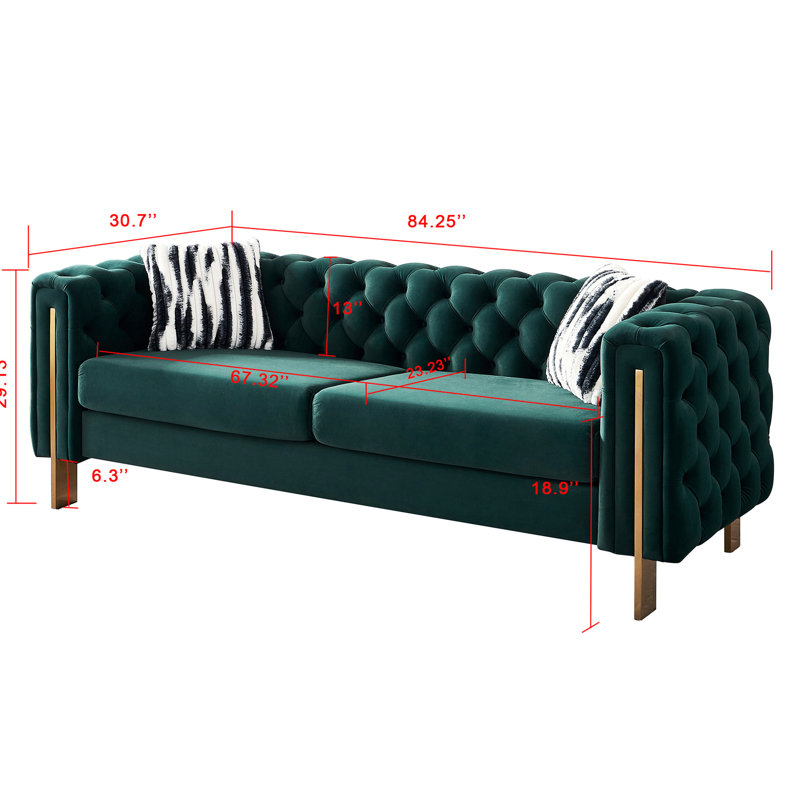 Velours po, l 84,25 po, avec pieds dorés et fabrication pour fiabilité, panneaux latéraux arrière l 84,25 po, tissu métallique