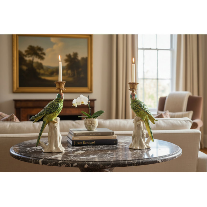 Porcelain Green Parrot Candleholder Pair with Bronze Ormolu