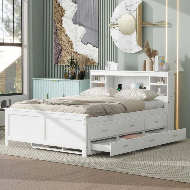 Lit plateforme avec tête de lit, USB, lit gigogne simple et 3 tiroirs, White, Full
