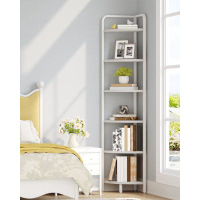Tablette de coin, bibliothèque de coin, étagère à plantes, présentoir de coin, tablette avec cadre en métal pour le salon, la salle de bain, la cuisine, style moderne, 6 niveaux, blanc