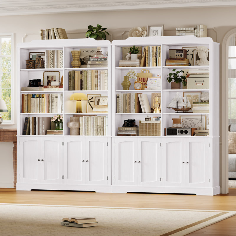 (Ensemble de 2) Bibliothèque standard H 73,1 "à 4 niveaux avec tablettes réglables, étagères de rangement autoportantes en bois avec 8 tablettes ouvertes et 4 portes