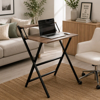 Compact Folding Computer Desk with Monitor Shelf, Ideal for Small Spaces and Home Offices, Walnut Finish