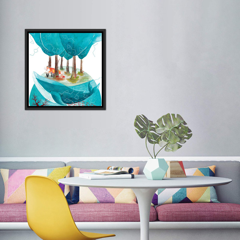 Renard et baleine II - impression, Toile avec cadre noir patiné, Pas de tapis, H 37 po x l 37 po x P 1,5 po