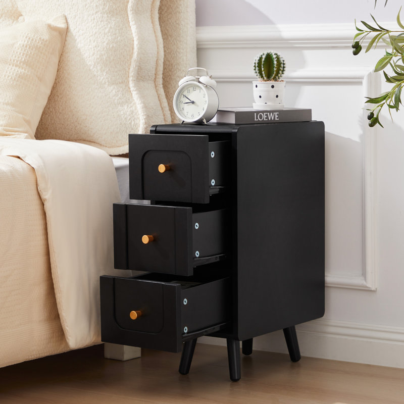 Narrow End Table With 3 Deep Drawers, Black