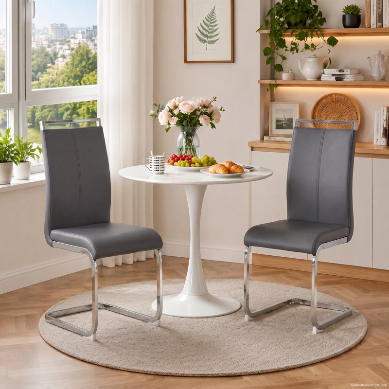 Modern Faux Leather Cantilever Dining Chairs with Chrome Base (Set of 2), Dark Grey