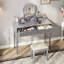 Bureau de coiffeuse de luxe avec miroir rond, hauteur réglable, ensemble de coiffeuse, 4 tiroirs et tabouret, argent