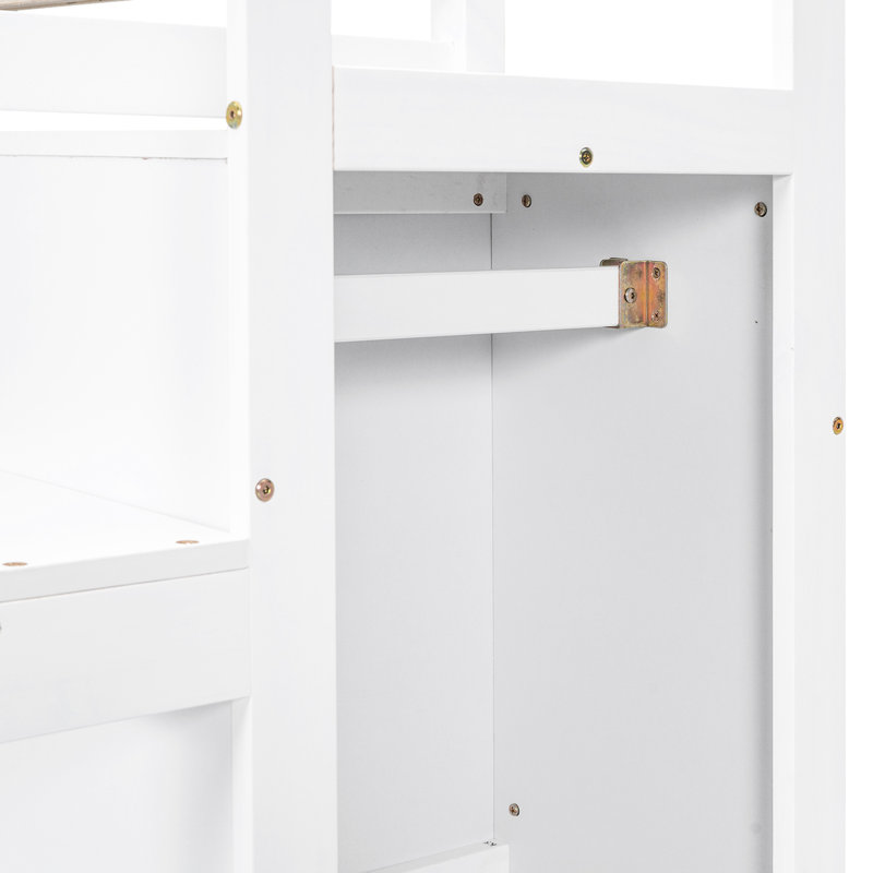 Lit mezzanine double avec rangement intégré et escalier, structure en bois de pin blanc pour la chambre à coucher, Blanc