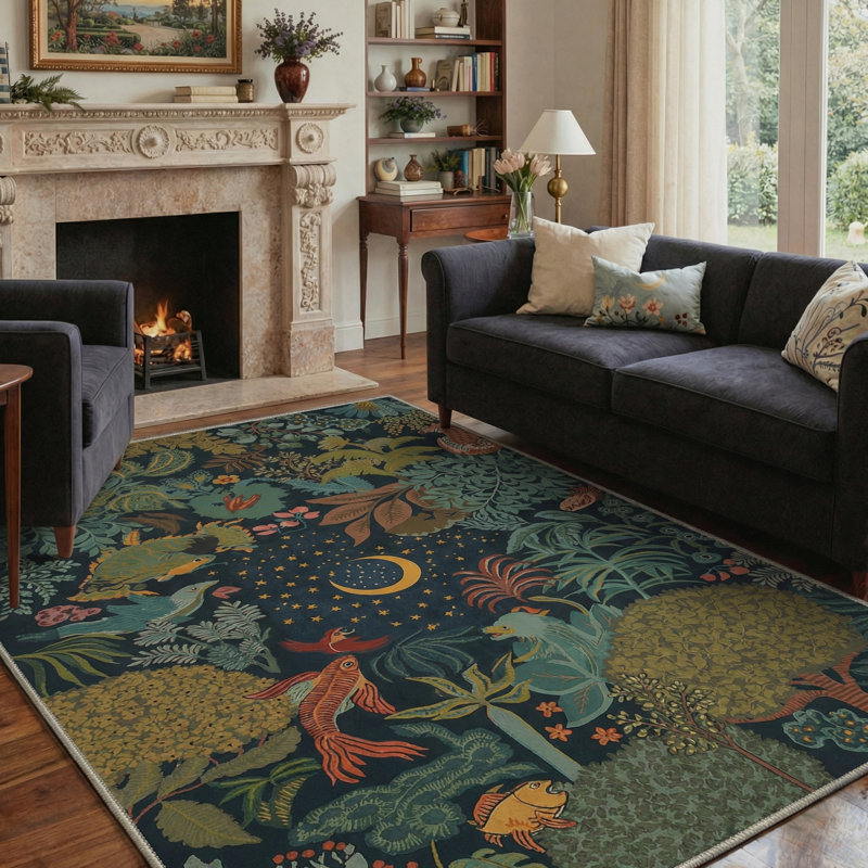 Tropical Jungle Creatures Machine Washable Teal Indoor Area Rug With Non-Slip Backing, Rectangle 9' x 12'