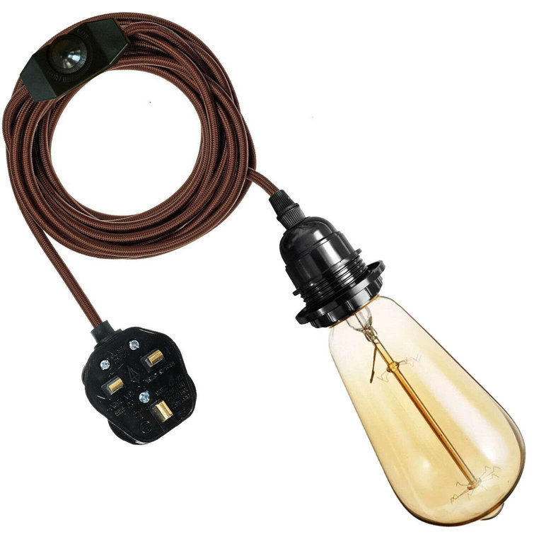 Angelys Ceiling Pendant Fitting, E27 Lamp Holder 2M Plug In Pendant Light Cord, Fabric Cable 3 Pin Plug In With On/Off Switch Lighting Kit