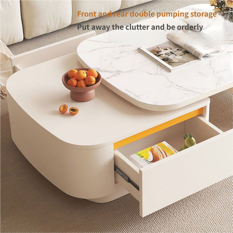 Table basse rotative moderne 54,7 po avec plateau en faux marbre et rangement caché, table basse rotative