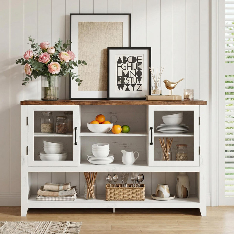 53" Sideboard Buffet Cabinet with 2 Glass Doors, Farmhouse Coffee Table Storage with Open Shelves, for Living Room, Kitchen, Dining, Entryway, White