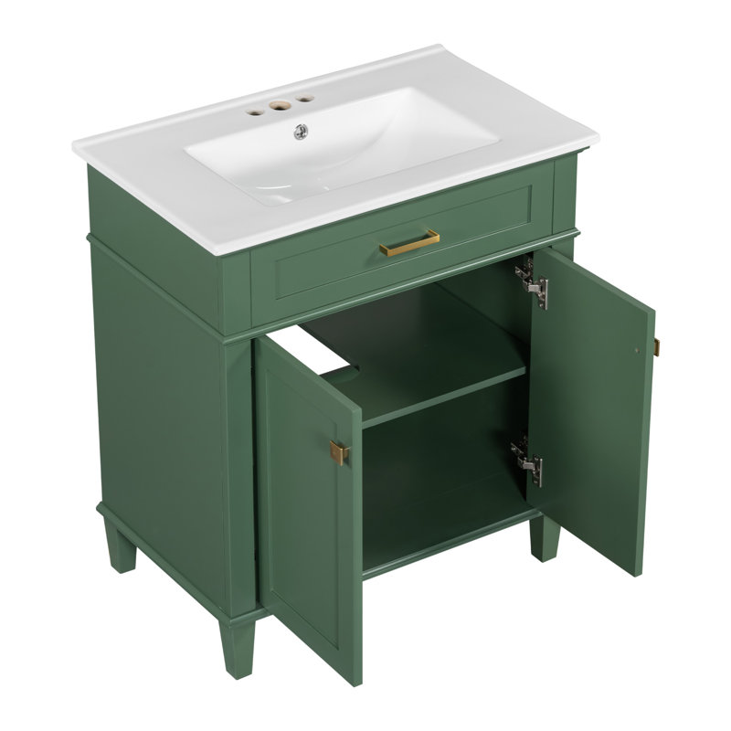 Green 30-Inch Solid Wood Bathroom Vanity with Ceramic Basin