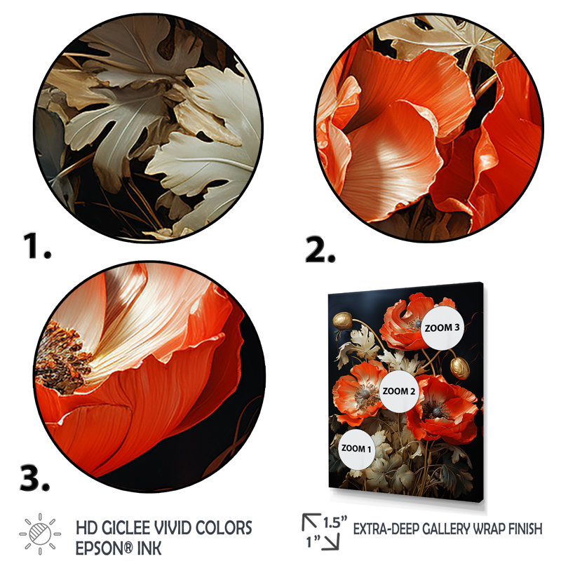 Bronze éclatant coquelicots en lueur métallique II - coquelicots, art mural, Cadre simple noir, H 44 po x l 34 po x P 1,5 po