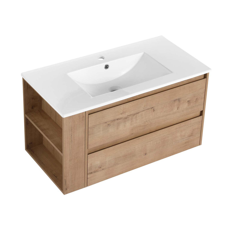 Meuble-lavabo mural 36 po avec lavabo en céramique, Imitation chêne
