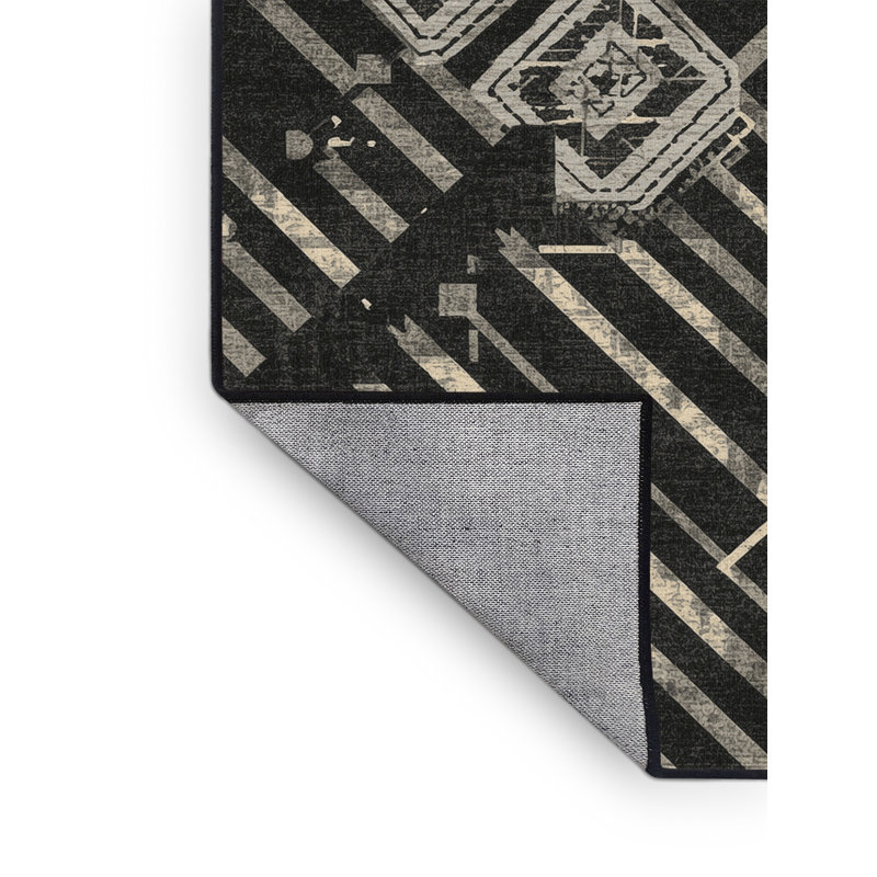 Machine Washable Kirkwood Kebabs Global Inspired Geometric Rug in Brown – Black Binding, 2x5