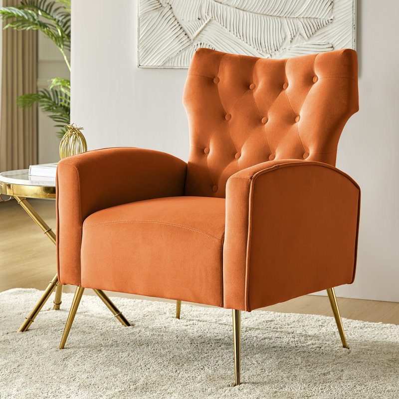 Consolata 37" H Velvet Wingback Chair with Button Tufting and Metal Legs, Orange Velvet