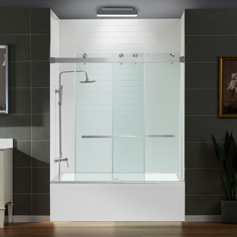 Portes de baignoire sans cadre de 56 à 60 po de largeur x 66 po de hauteur avec verre trempé transparent de 5/16 po (8 mm), double coulissement avec bandes d'étanchéité latérales