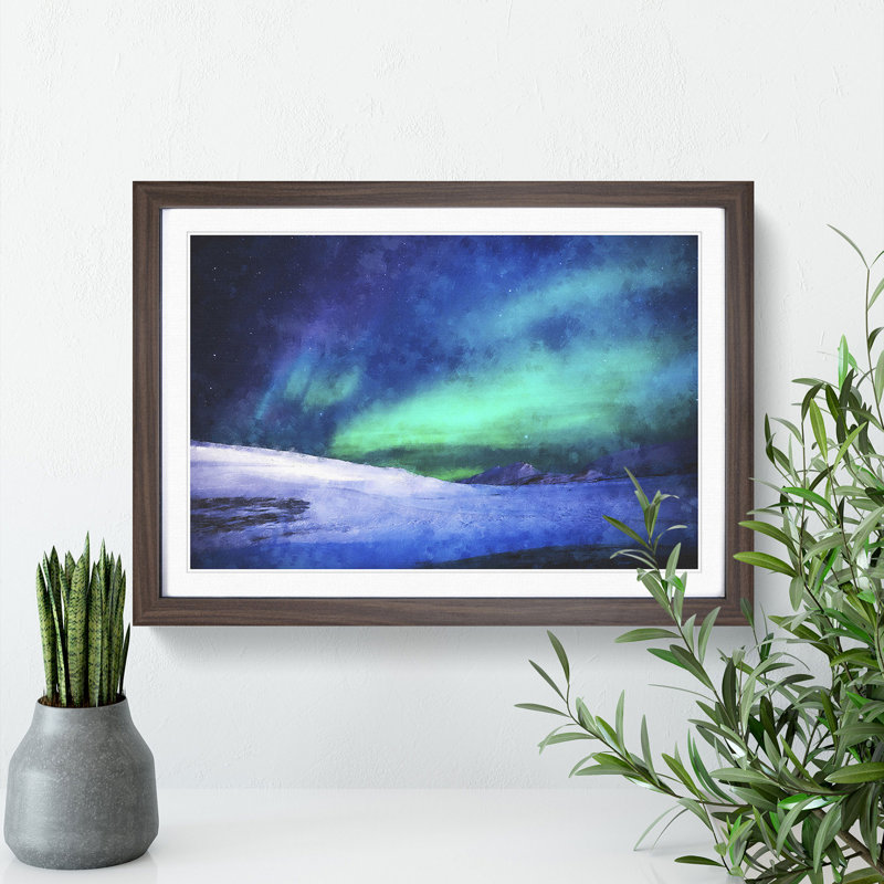 Aurora Borealis In Iceland - Single Picture Frame Painting on MDF, 24cm H x 33cm W x 2cm D, Walnut