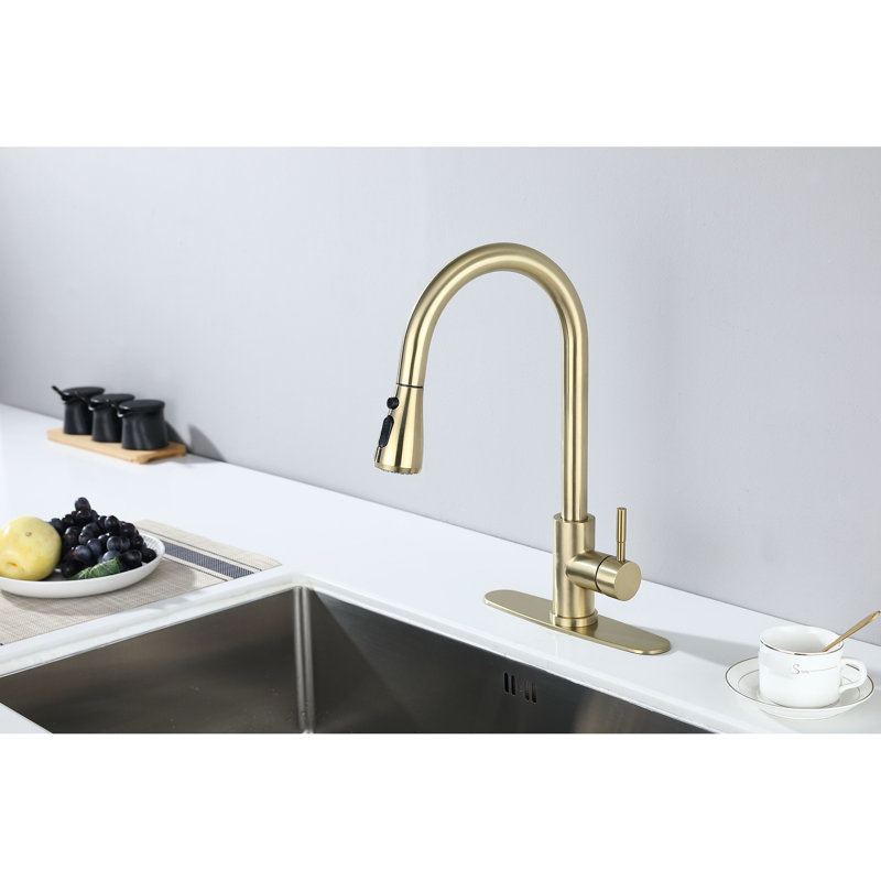 Pull Out Spray Kitchen Faucet, Brushed Gold Design, Stainless Steel, 360 Rotating Nozzle, Corrosion & Rust Aspect, Gold