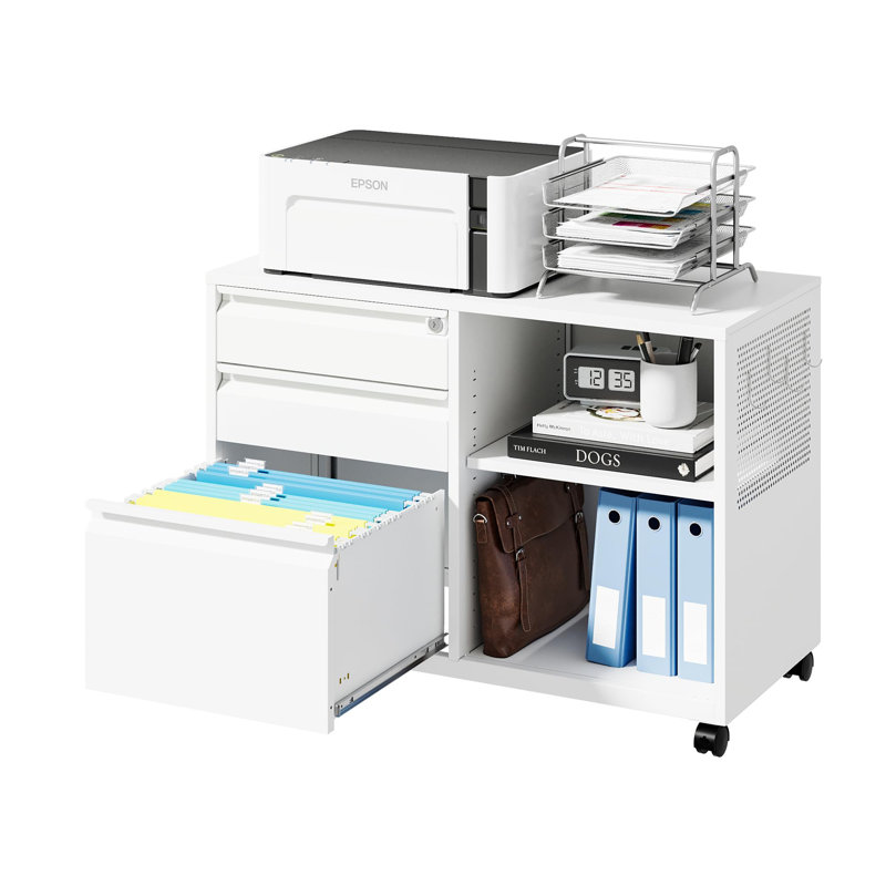 Mobile 3 Drawer File Cabinet with Lock, White
