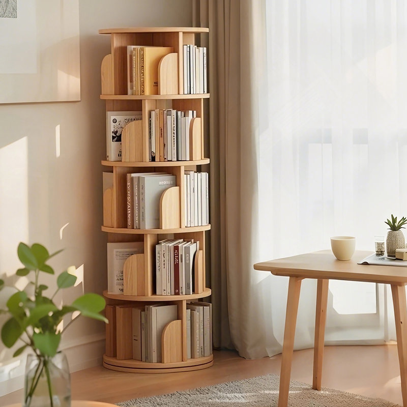 5 Tier Rotating Bookshelf, 360° Display Round Spinning Bookshelf, Space-Saving, Small Space Rotating Bookshelf Tower For Bedroom, Living Room, Home, Office, Wood Color