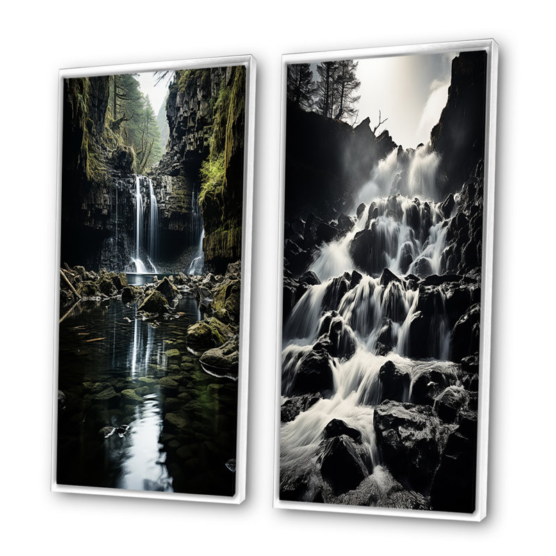 «Grey Green Waterfall Cascading Reflections», 2 pièces, H 40 po x l 40 po, Cadre blanc