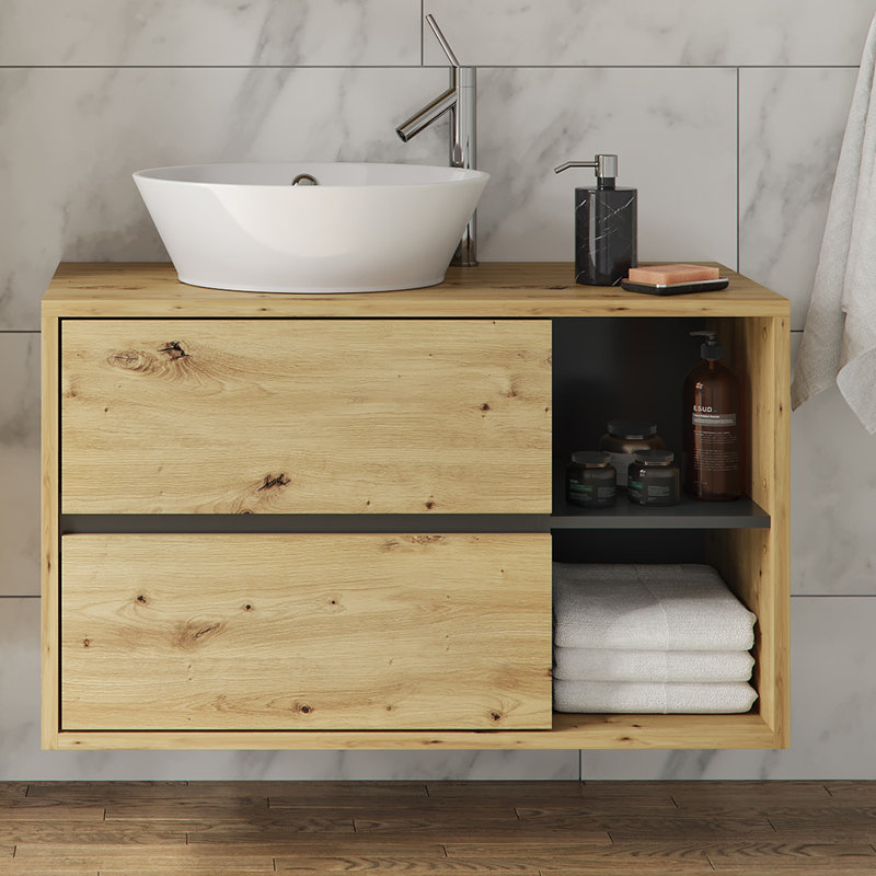 100Cm Wall Mounted Single Bathroom Vanity Base Only, Artisan Oak