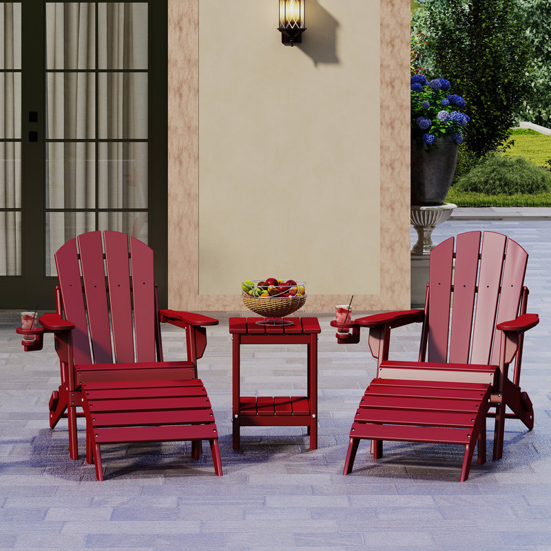 5 Pcs Hdpe Folding Adirondack Chairs Seating Group With Table And Ottoman, Red
