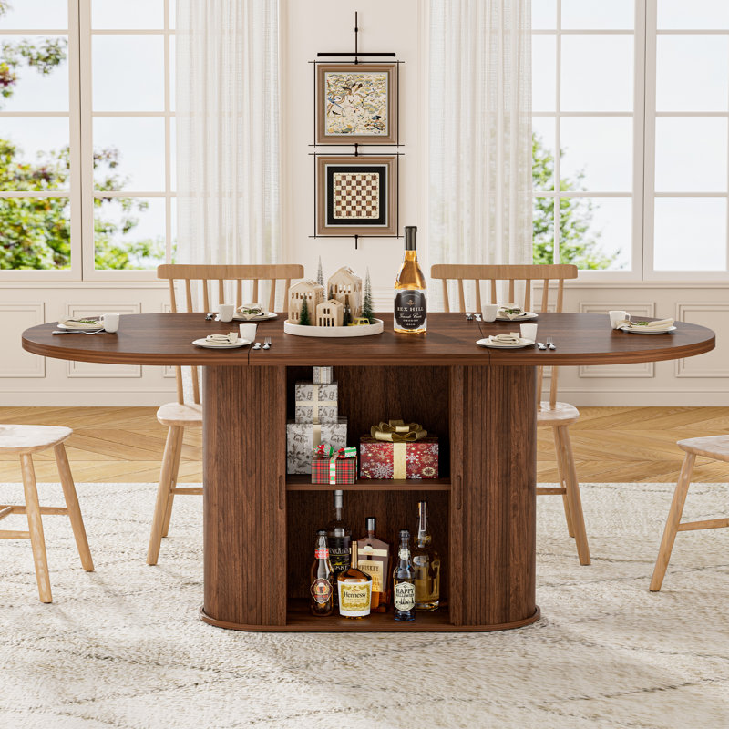 Table de salle à manger 70 x 36 très profonde pour 6 à 8 personnes avec base cannelée et grande armoire de rangement, Noyer
