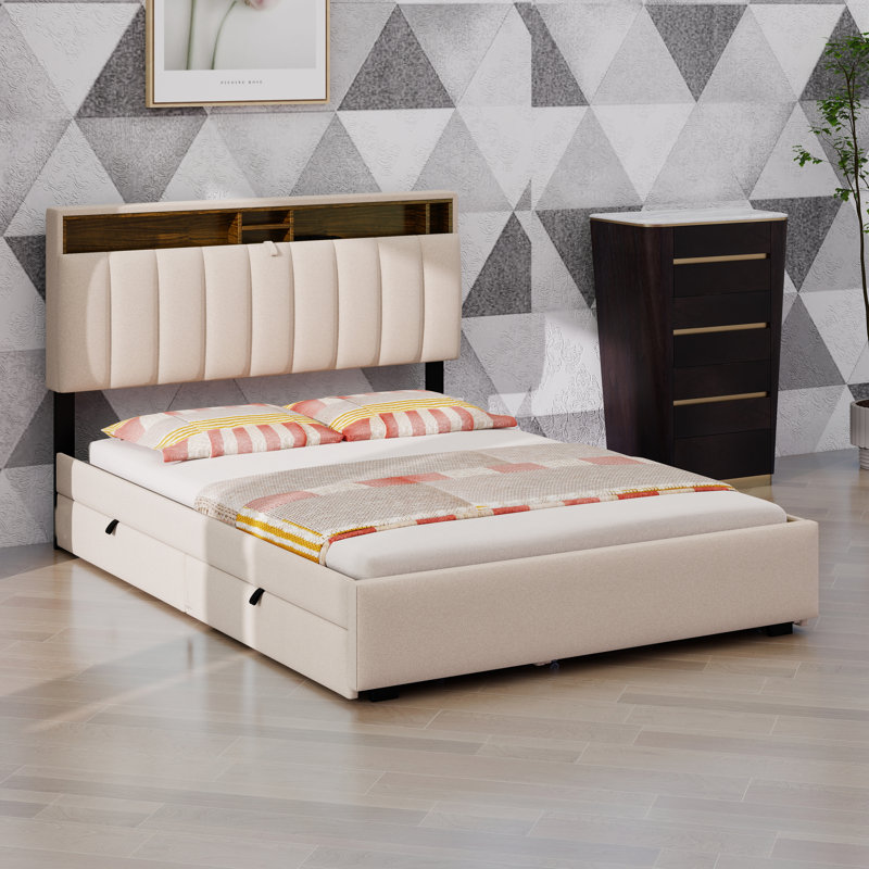 Lit plateforme en lin peu encombrant avec lit gigogne, tête de lit et tiroirs doubles, Beige, Lit double